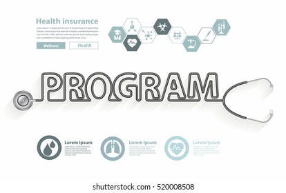 Health program ideas concept, with Stethoscope in the shape of a program words design, Vector illustration modern design template