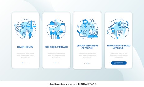 Health programs principles onboarding mobile app page screen with concepts. Pro poor approach walkthrough 4 steps graphic instructions. UI vector template with RGB color illustrations