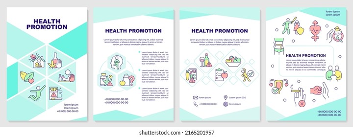 Health promotion mint brochure template. Increase awareness. Leaflet design with linear icons. Editable 4 vector layouts for presentation, annual reports. Arial-Black, Myriad Pro-Regular fonts used