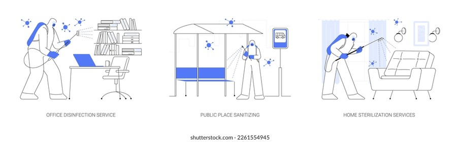 Health protection abstract concept vector illustration set. Office disinfection service, public place sanitizing, home sterilization, clean workspace, personal protection, chemical abstract metaphor.