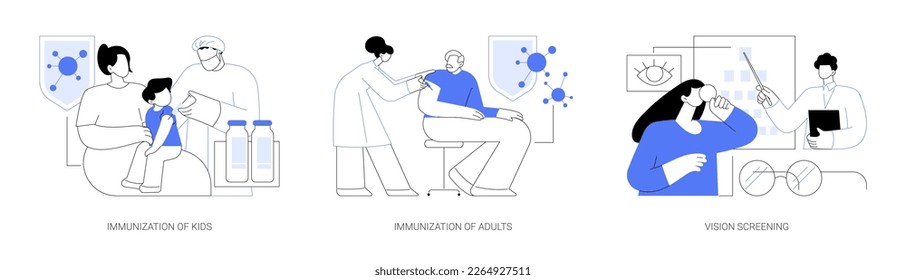 Abstrakter Gesundheitsschutz-Konzept, Vektorgrafik-Set. Immunisierung von Kindern und Erwachsenen, Screening, Hausarzt impfen ein Kind in einer Klinik, Abstrakte Augenuntersuchung Metapher.