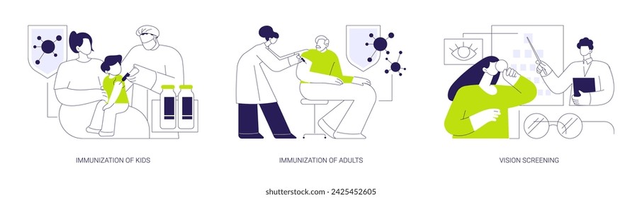 Gesundheitsschutz abstraktes Konzept Vektor Illustration Set. Immunisierung von Kindern und Erwachsenen, Sehtest, Hausarzt impft ein Kind in der begehbaren Klinik, Augenuntersuchung abstrakte Metapher.