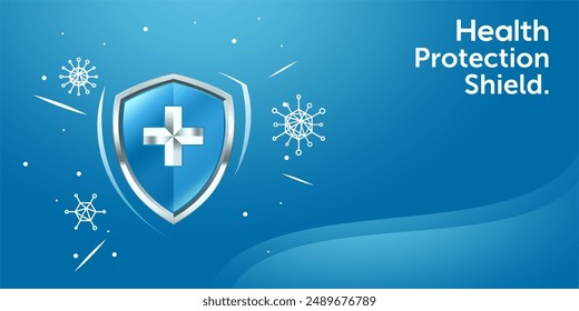 Health protection banner and 3D shield, cross and bacteria cells flying on blue background. Anti virus and bacterial or germ defence, immune system protect medical poster, Realistic illustration