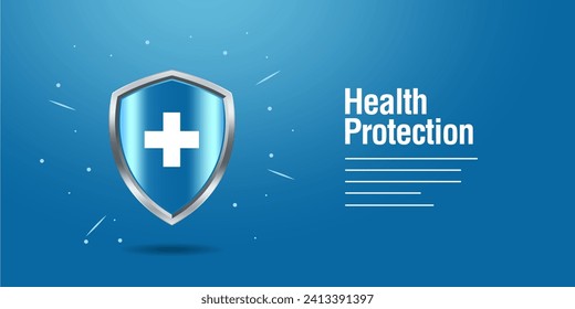 Health protection banner with shield, cross and bacteria cells flying on blue background. Anti virus and bacterial or germ defence, immune system protect medical poster, Realistic vector illustration