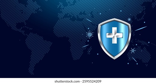 Health protection banner with shield, cross and bacteria cells flying on world map background. Anti virus and bacterial, immune system protect medical poster, Realistic vector illustration