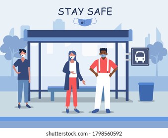 Health protection by using personal protective equipment. Stay safe and put on mask, isolating and protecting from virus. Public bus stop.