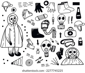 Health protection and care in war elements set. Graphic design concepts, simple outline icons collection. Vector line elements. Doodle stile.