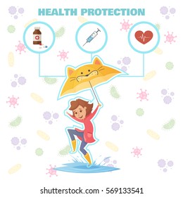 Health protection design concept with little girl with umbrella jumping through puddles and healthcare icons flat vector illustration 