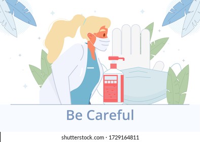 Health protection. Disinfection from virus disease. Healthy doctor in protective face mask promote medical prevention supply. Rubber gloves, facemask, disinfectants bottle. Be careful inspiration