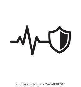 Health protection icon with a heartbeat and shield for life insurance A glyph symbol representing cardiology care medical security and guaranteed patient safety