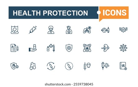 Health Protection icon pack. Contains such icons as treatment, protection, infection, health, immunity, prevention, defense, shield. Minimalistic icons. Solid line editable stroke.