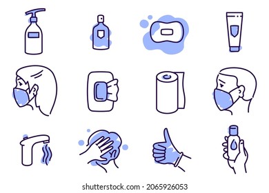 Health protection icons set. Antiseptic soap, gel bottles, cleaning napkins, and other hygienic products. Characters in masks for user pictogram. Cleaning products in line and colors spots style.
