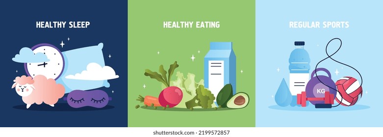 Health protection set. Collection of informational and motivational posters or banners. Proper diet, nutrition and active lifestyle. Dumbbells, pillow, vegetables. Cartoon flat vector illustration