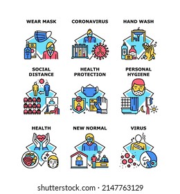 Health Protection Set Icons Vector Illustrations. Wear Facial Mask And Hand Wash, Personal Hygiene And Social Distance Health Protection From Coronavirus Pandemic Color Illustrations