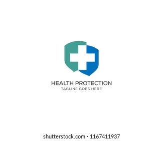 Health Protection With Shield Logo Design Vector Template For Medical Or Insurance Company.