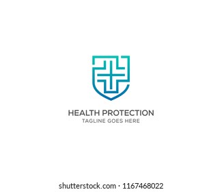 Health Protection With Shield Logo Design Template For Medical Or Insurance Company.