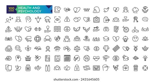 Health and Psychology line icons related to wellness, wellbeing, mental health, healthcare, medical. Outline icon collection.