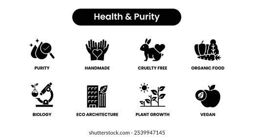 Health and Purity Icons - Organic Food, Cruelty-Free, and Eco-Friendly, Eco Architecture, Biology, and Plant Growth.Black solid vector icon set	