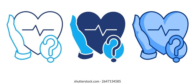 Health query icon represented by heartbeat,hand,question mark Blue, Dualline, Dualtone style.