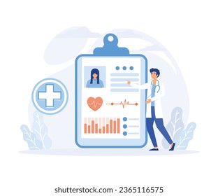 Concepto de registro de salud, Comprimido con foto, historial o perfil del paciente, información para diagnósticos, ilustración moderna de vector plano 