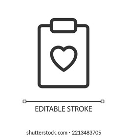 Health record pixel perfect linear ui icon. Medical history. Heart checkup plan. Healthcare. GUI, UX design. Outline isolated user interface element for app and web. Editable stroke. Arial font used