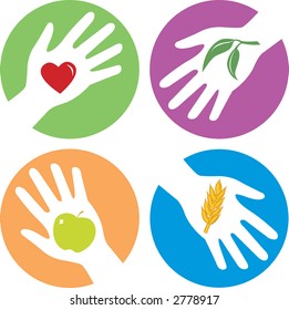 health related hands with apple, heart, wheat and plant