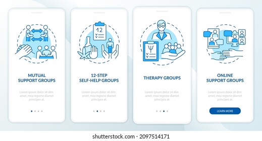Health related support groups blue onboarding mobile app screen. Therapy walkthrough 4 steps graphic instructions pages with linear concepts. UI, UX, GUI template. Myriad Pro-Bold, Regular fonts used