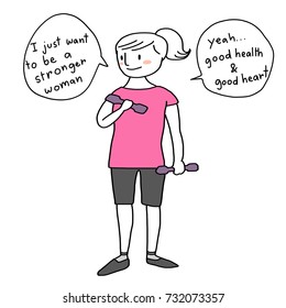 Health resolution concept with cute woman lifting dumbbells for getting fit and her wellness and vitality. Word bubbles regarding health resolution included. Vector illustration with hand-drawn style.