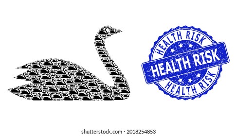 Health Risk corroded round stamp and vector fractal collage goose. Blue stamp includes Health Risk tag inside round shape. Vector collage is organized of repeating goose items.