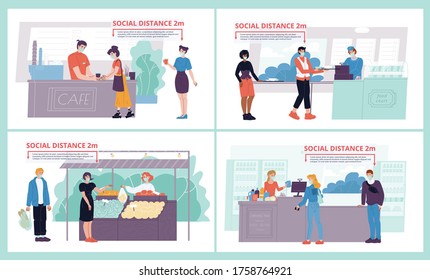 Health safe social distancing. people standing in queue line wearing protective facial face mask at cafe, food court eating place, supermarket, grocery shop maintaining distance to avoid infection set