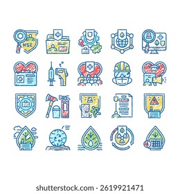 Health Safety Environment Hse doodle icons set vector. Communication Learning, Energy Saving Waste Management, First Aid Work Safety sketch hand drawn
