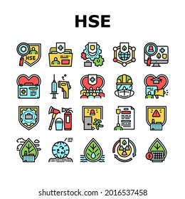 Health Safety Environment Hse Icons Set Vector. Communication And Learning, Energy Saving And Waste Management, First Aid And Work Safety Line Pictograms. Contour Color Illustrations