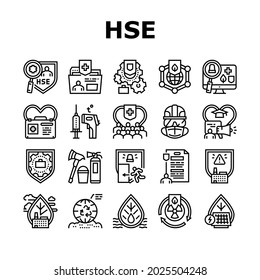 Health Safety Environment Hse Icons Set Vector. Communication And Learning, Energy Saving And Waste Management, First Aid And Work Safety Black Contour Illustrations