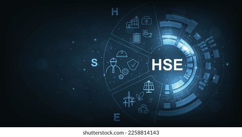 Health Safety and Environment (HSE) on the dark blue background. Health Safety Environment for Standard safe industrial work. 