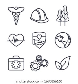 Health Safety And Environment Icon Set  With Medical, Safety, And Leaves Icons