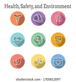 Health Safety And Environment Icon Set  With Medical, Safety, And Leaves Icons