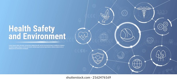 Health Safety and Environment Icon Set and Web Header Banner. HSE - Health, safety environment abbreviation banner web icon for business and organization. Standard safe industrial work and industrial.