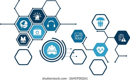 Health Safety and Environment Icon Set and Web Header Banner. icons related to industrial accident prevention, workplace safety training, industrial regulations, hazard warning, protective equipment.