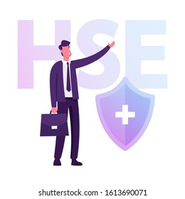 Health Safety Environment Industrial Concept. Industry Officer in Formal Suit Checking Hse Rules on Factory or Building Construction Poster Banner Flyer Brochure. Cartoon Flat Vector Illustration