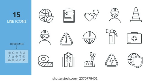 Conjunto de iconos de la línea Entorno de seguridad de mantenimiento. Kit de primeros auxilios, peligro, máscara protectora, corazón, ilustración vectorial de cono. Stroke Editable	