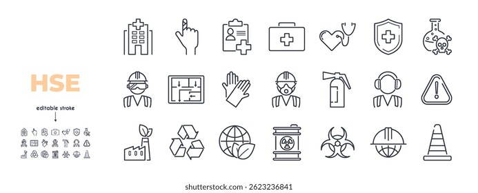 Health Safety Environment line icon set.First aid kit, danger, protective mask, heart, recycling, clean energy, radiation, fire extinguisher, goggles, cone vector illustration. Editable Stroke