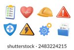 Health safety environment. Occupational security preventive, medical insurance, health care protection warning hazard, 3D icons vector set. Illustration safety environment, industry protection