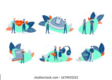 Health, Safety, Environment Set Concept. Young Men Women Demonstrate Helmet, Shield, Boot And Heart With HSE Abbreviation. Symbols Of Modern Problem Of Healthcare And Safe Enviroment. Flat Vector