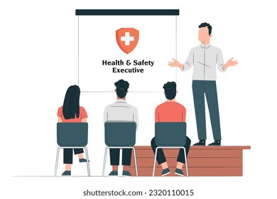 health and safety executive training, givinig training, health and safety, man giving training, office collegue taking training.