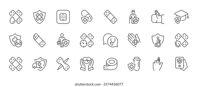 Health and safety icons collection featuring bandages, shields, and medical themes. Vector icon