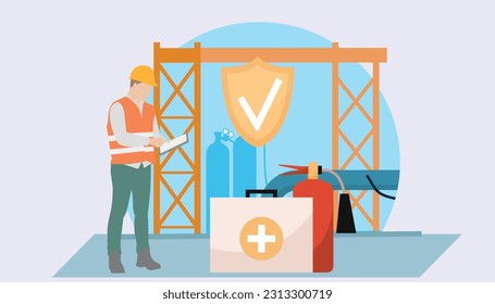 Health and safety management and safety audit at work with safety equipment for safety audit and manager checking safeties at work. Checklist, quality control construction industry with Engineer man.