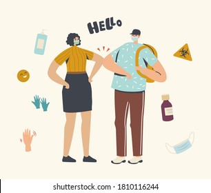 Health Safety, Social Distancing. Characters Greeting Each Other with Elbows Instead of Handshake. Friends or Colleagues Alternative Noncontact Greet During Covid19. Linear People Vector Illustration