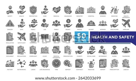 Health and safety solid icon set collection. This set includes trust, labor, retirement, policy, contract, insurance, factory and more icons in solid style. Vector icons collection for infographics