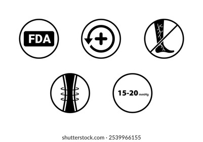 Normas de saúde e segurança. Ícones incluídos: Aprovado pela FDA, Reembolso médico, Suporte à compressão, Compressão moderada classe 1, reduz o risco de veias varicosas e aranhas