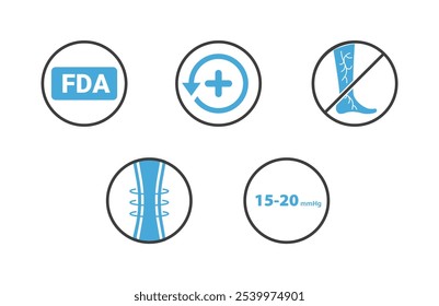 Normas de saúde e segurança. Ícones incluídos: Aprovado pela FDA, Reembolso médico, Suporte à compressão, Compressão moderada classe 1, reduz o risco de veias varicosas e aranhas